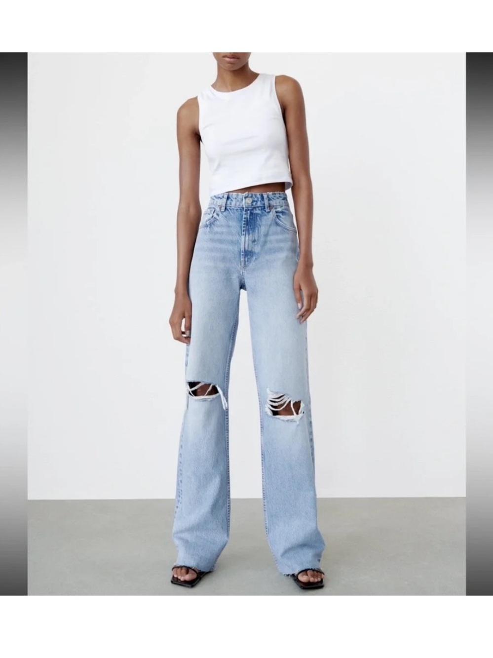 Zara Light Blue Distressed High-Rise Wide-Leg Jeans